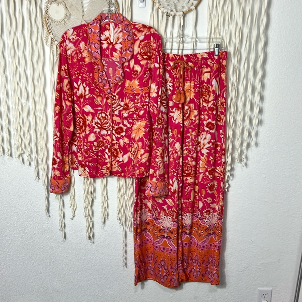 Anthropologie Pink and Orange Floral Pajama Set